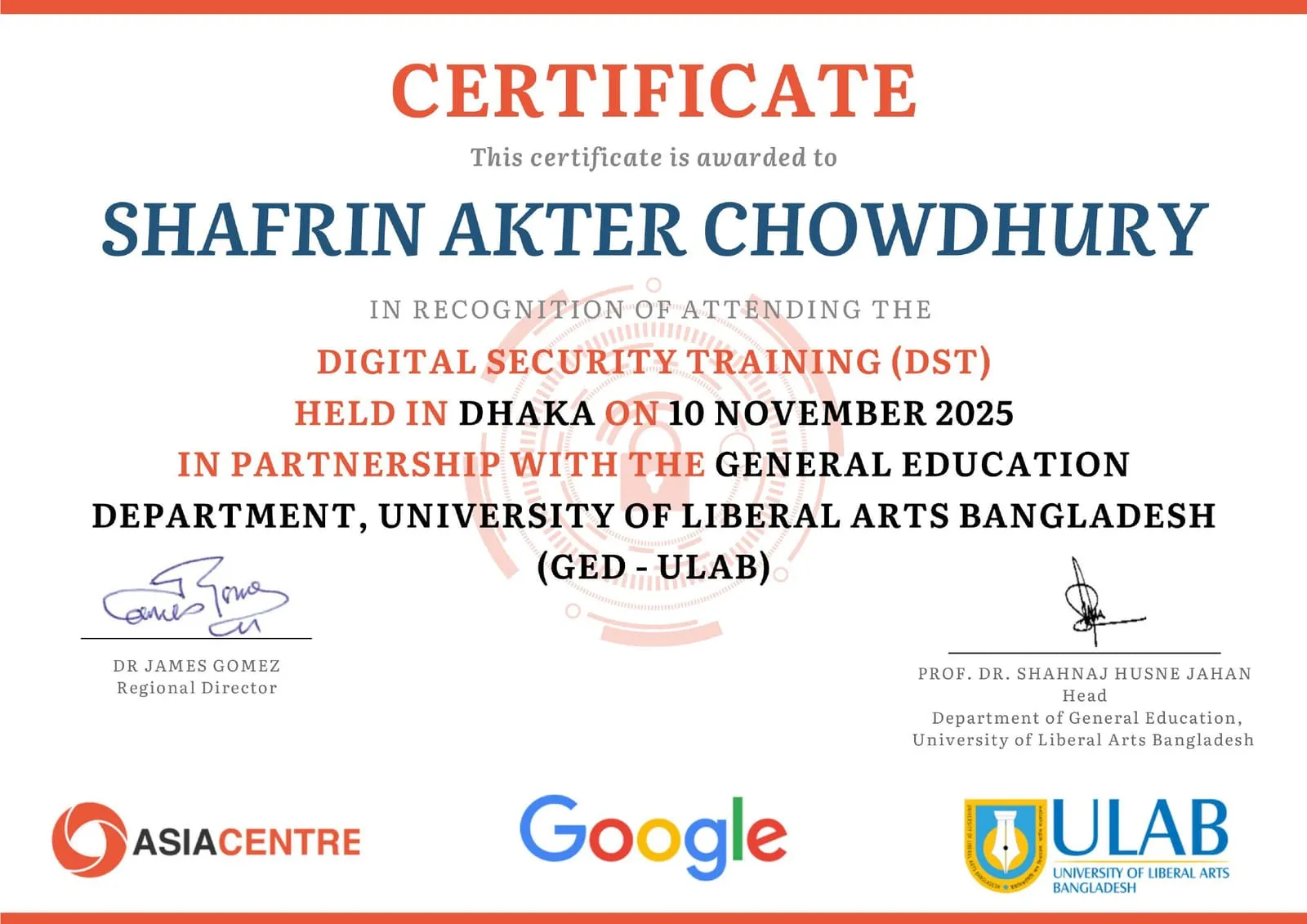 Digital Security Training certificate awarded to Shafrin Akter Chowdhury.